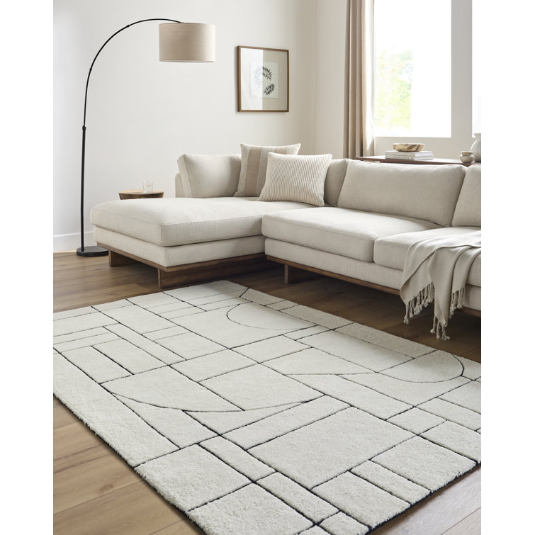 Handmade Geometric Wool Rug in Cream and Black, 8' x 10'