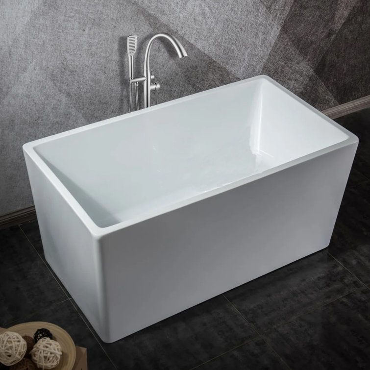 White Acrylic Rectangular Freestanding Soaking Bathtub, 44"