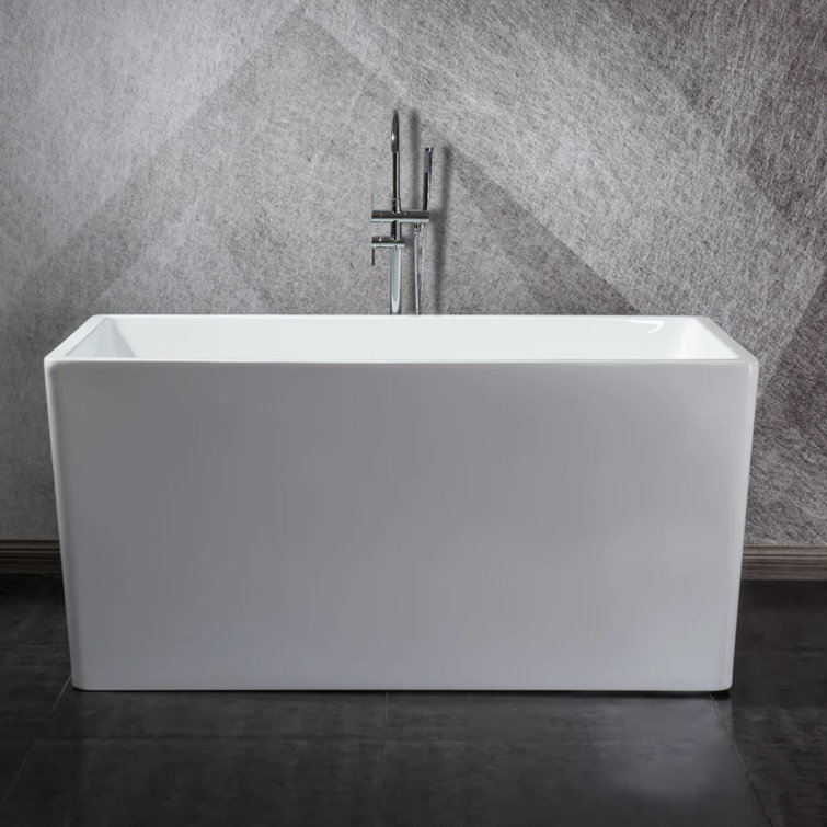 White Acrylic Rectangular Freestanding Soaking Bathtub, 44"