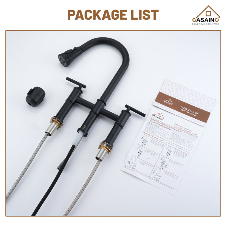 Matte Black Stainless Steel Bridge Kitchen Faucet with Pull-out Spray
