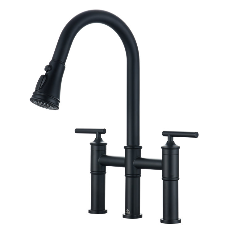 Matte Black Stainless Steel Bridge Kitchen Faucet with Pull-out Spray