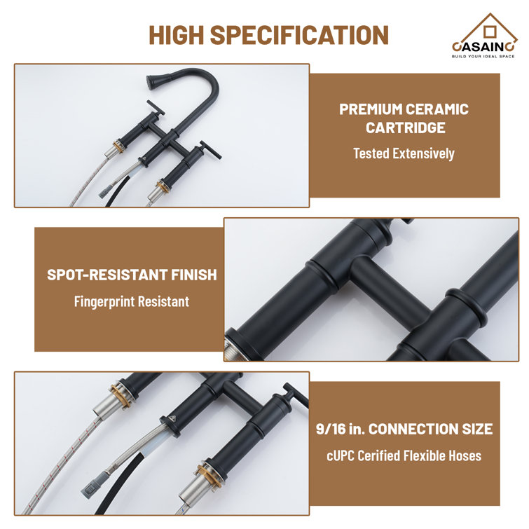 Matte Black Stainless Steel Bridge Kitchen Faucet with Pull-out Spray