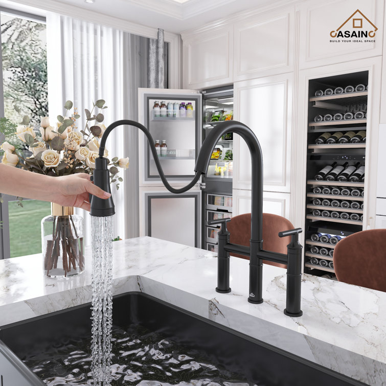 Matte Black Stainless Steel Bridge Kitchen Faucet with Pull-out Spray