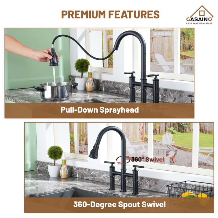 Matte Black Stainless Steel Bridge Kitchen Faucet with Pull-out Spray
