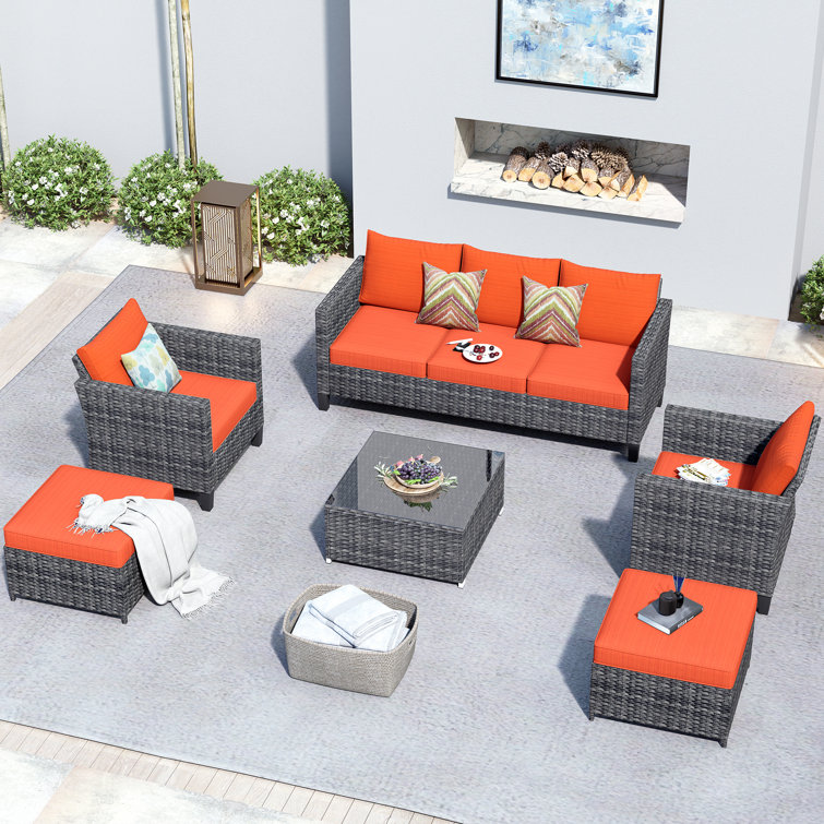 7-Person Gray Steel Frame Patio Sofa Set with Orange Cushions