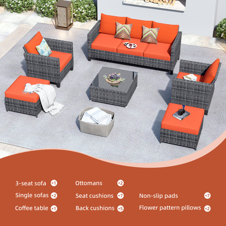 7-Person Gray Steel Frame Patio Sofa Set with Orange Cushions