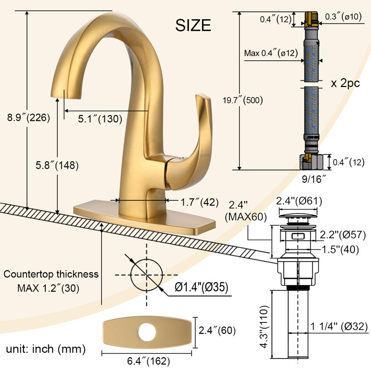 Gold Single Handle High Arc Bathroom Faucet with Drain Kit