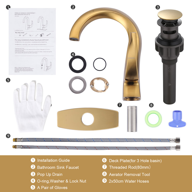 Gold Single Handle High Arc Bathroom Faucet with Drain Kit