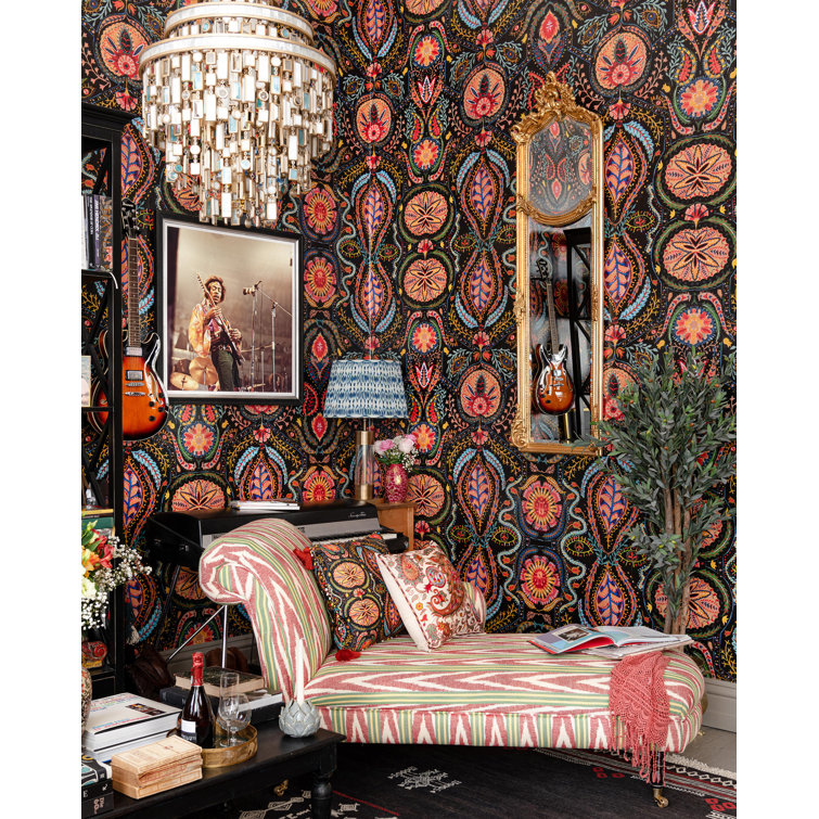 Black and Multicolor Paisley Psychedelic Non-Woven Wallpaper Roll