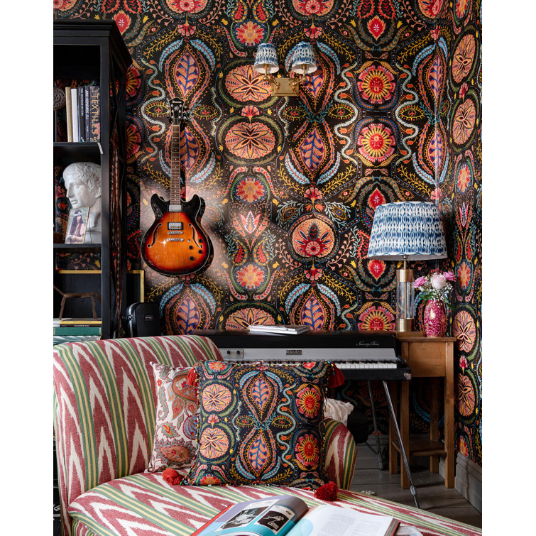 Black and Multicolor Paisley Psychedelic Non-Woven Wallpaper Roll