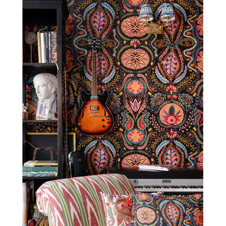 Black and Multicolor Paisley Psychedelic Non-Woven Wallpaper Roll