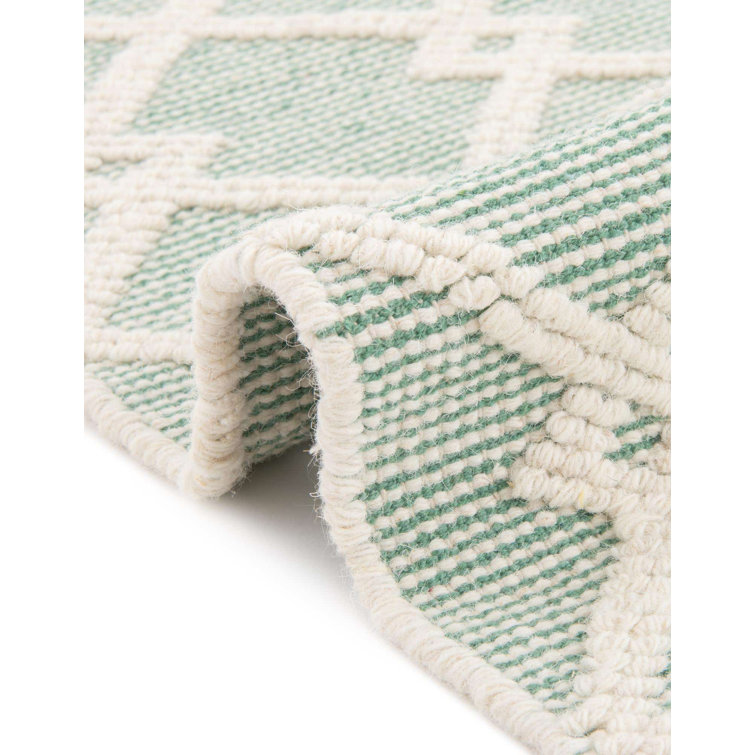 Mint Green Geometric Hand-Knotted Wool Square Rug