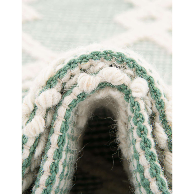 Mint Green Geometric Hand-Knotted Wool Square Rug