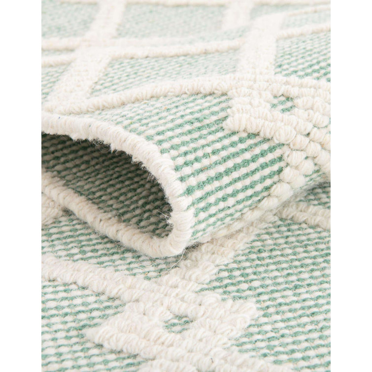 Mint Green Geometric Hand-Knotted Wool Square Rug