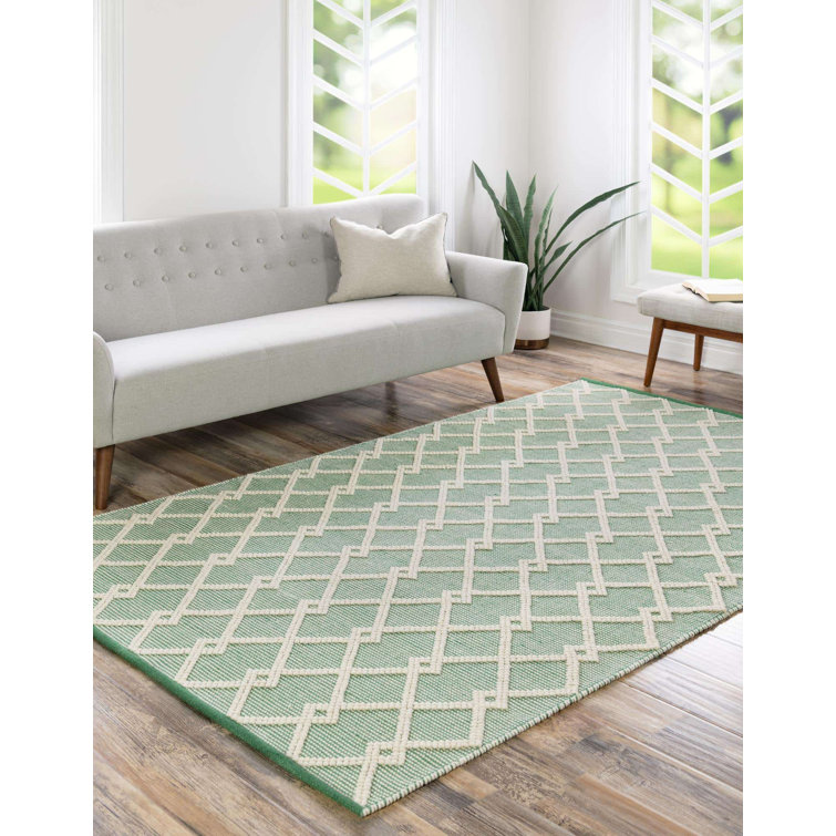 Mint Green Geometric Hand-Knotted Wool Square Rug