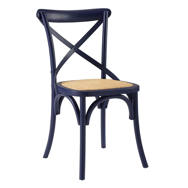 Midnight Blue Rustic Farmhouse Elm Wood Side Chair with Rattan Seat