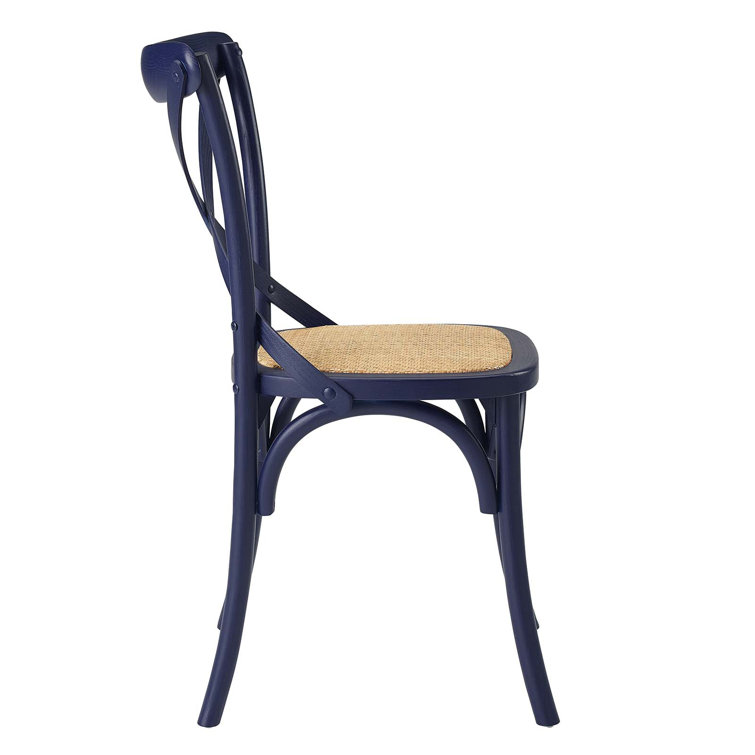 Midnight Blue Rustic Farmhouse Elm Wood Side Chair with Rattan Seat