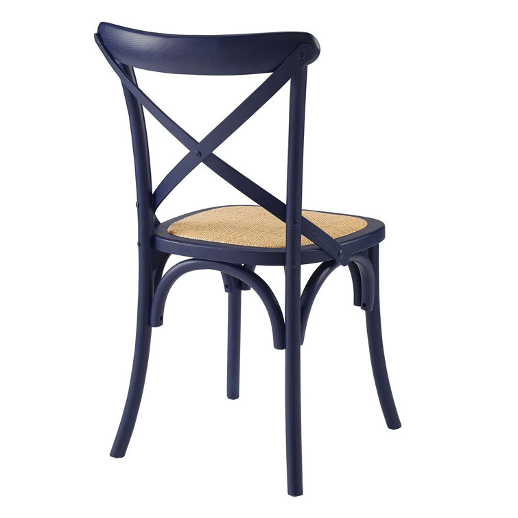Midnight Blue Rustic Farmhouse Elm Wood Side Chair with Rattan Seat