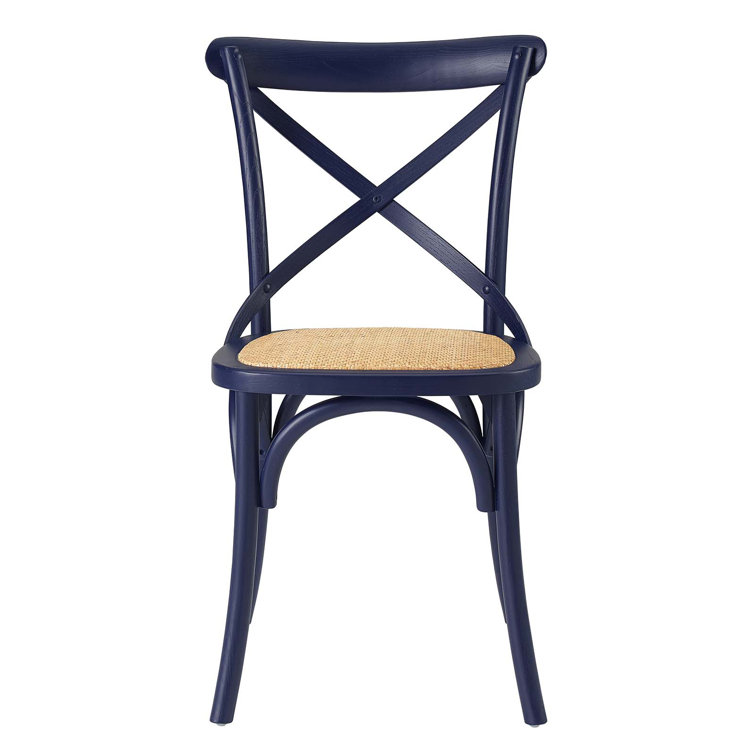 Midnight Blue Rustic Farmhouse Elm Wood Side Chair with Rattan Seat