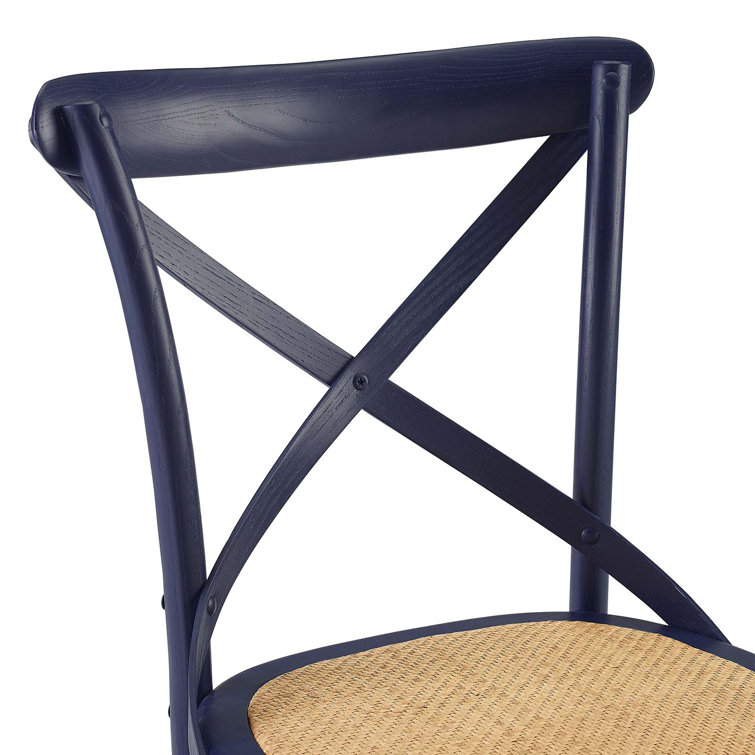 Midnight Blue Rustic Farmhouse Elm Wood Side Chair with Rattan Seat
