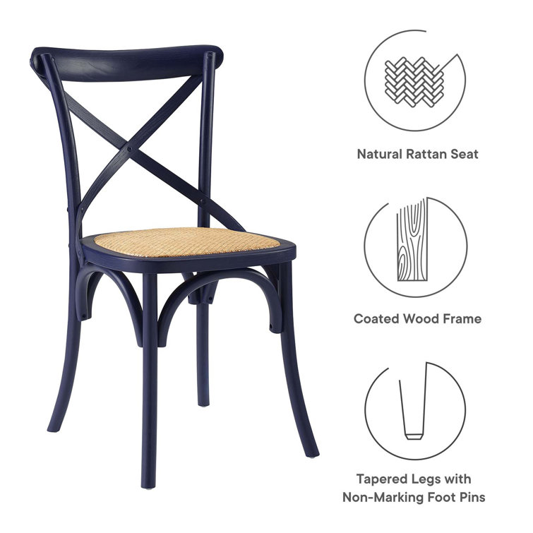 Midnight Blue Rustic Farmhouse Elm Wood Side Chair with Rattan Seat