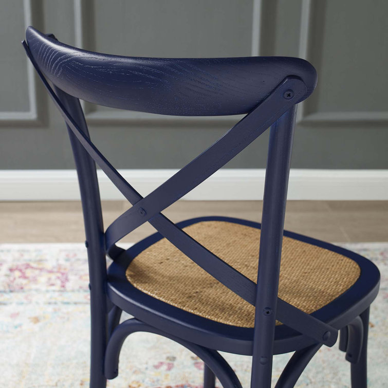 Midnight Blue Rustic Farmhouse Elm Wood Side Chair with Rattan Seat