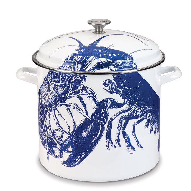 Blue Coastal Enamel Steel Stockpot with Lobster Print, 16 Qt.