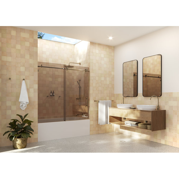 Equinox Bronze Frameless Sliding Bathtub Door with Tempered Glass