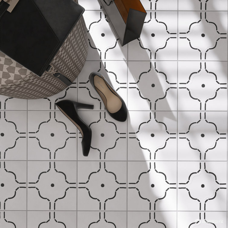 Kenzo 8" x 8" White and Black Porcelain Patterned Tile