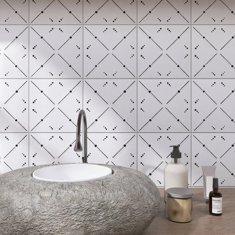 Kenzo 8" x 8" White and Black Porcelain Patterned Tile