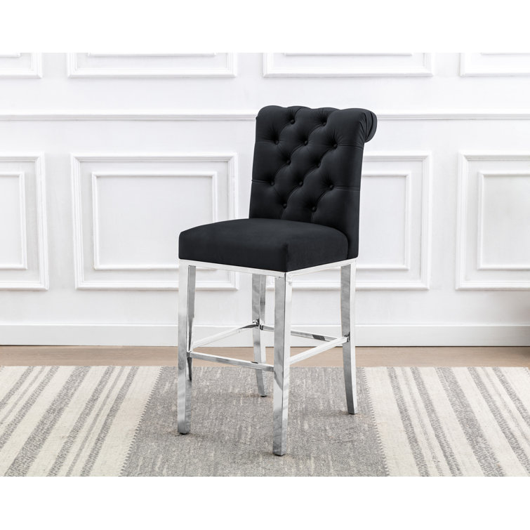 Black Velvet Upholstered Bar Stool with Stainless Steel Frame