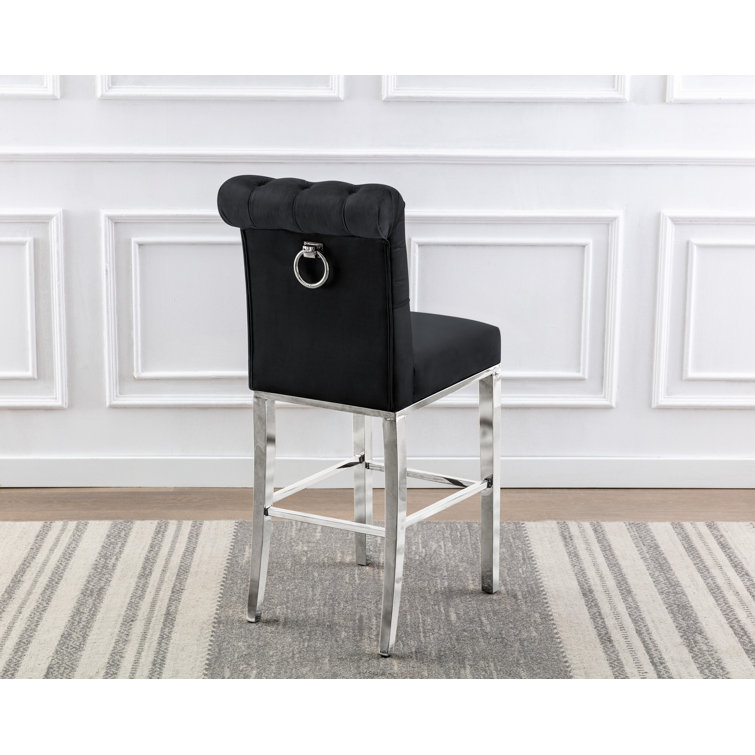 Black Velvet Upholstered Bar Stool with Stainless Steel Frame