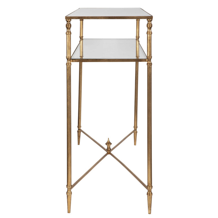 Elegant Gold Leaf Mirrored Console Table with Glass Shelf