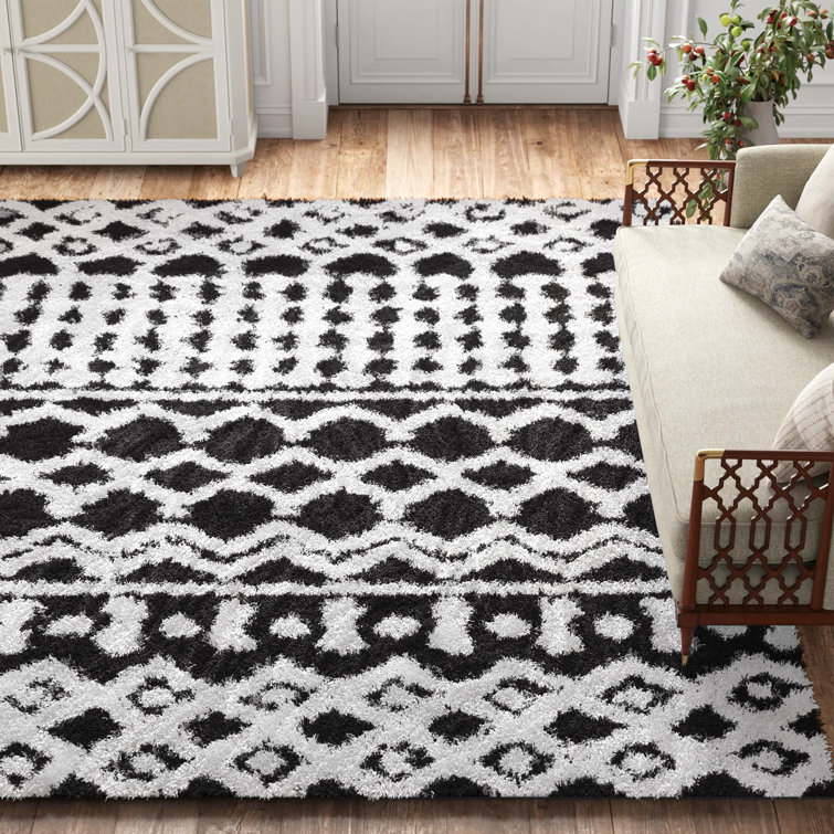 Black and White Bohemian Plush Area Rug 9'3" x 12'