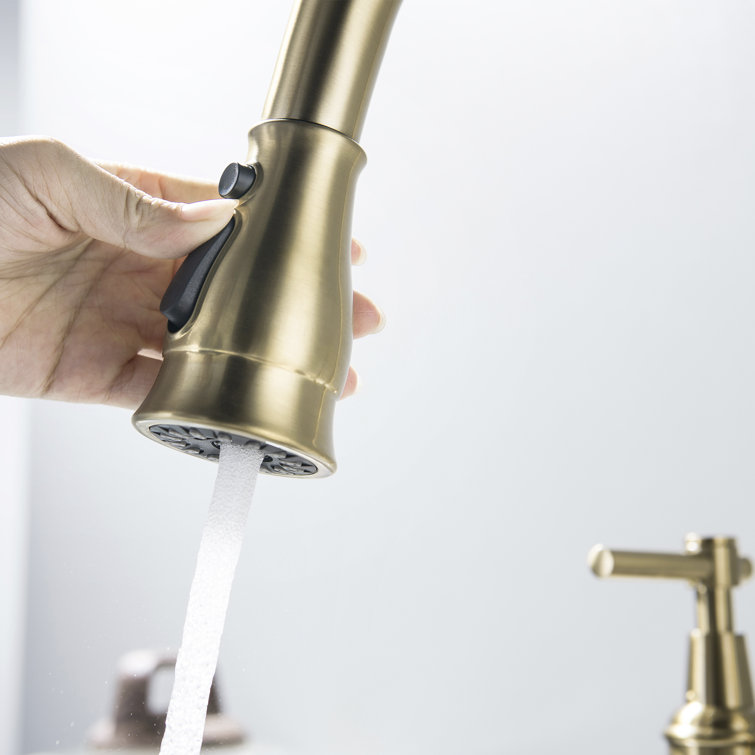 Brushed Gold Deck-Mounted Bridge Kitchen Faucet with Pull-Down Sprayer
