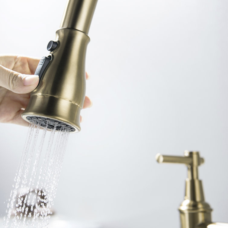 Brushed Gold Deck-Mounted Bridge Kitchen Faucet with Pull-Down Sprayer