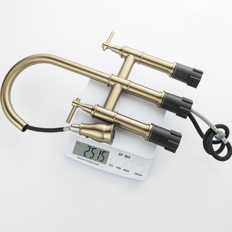 Brushed Gold Deck-Mounted Bridge Kitchen Faucet with Pull-Down Sprayer
