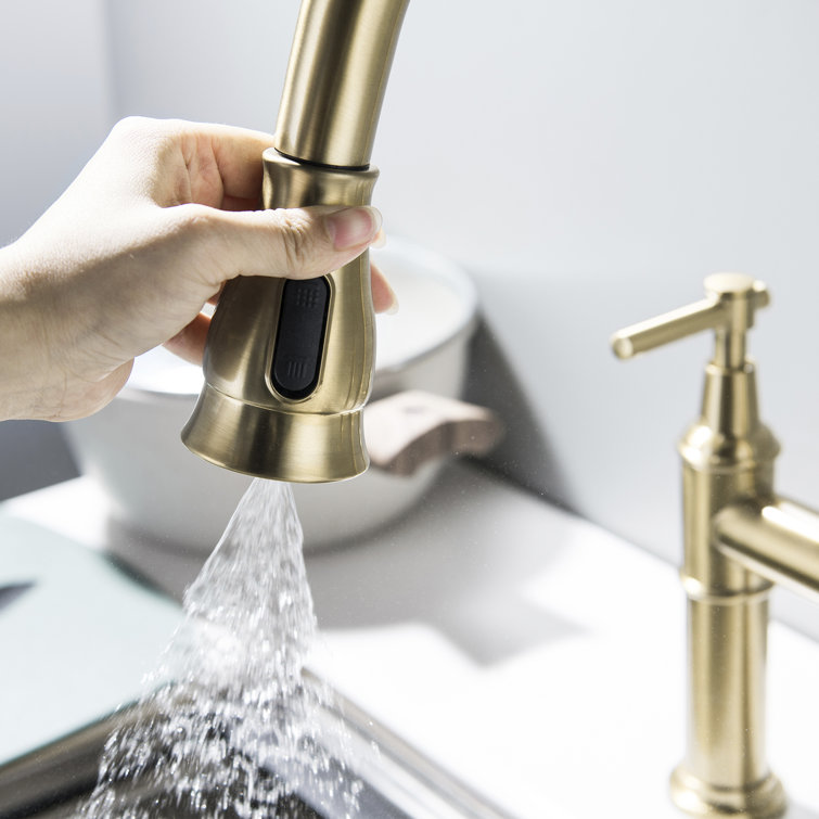 Brushed Gold Deck-Mounted Bridge Kitchen Faucet with Pull-Down Sprayer