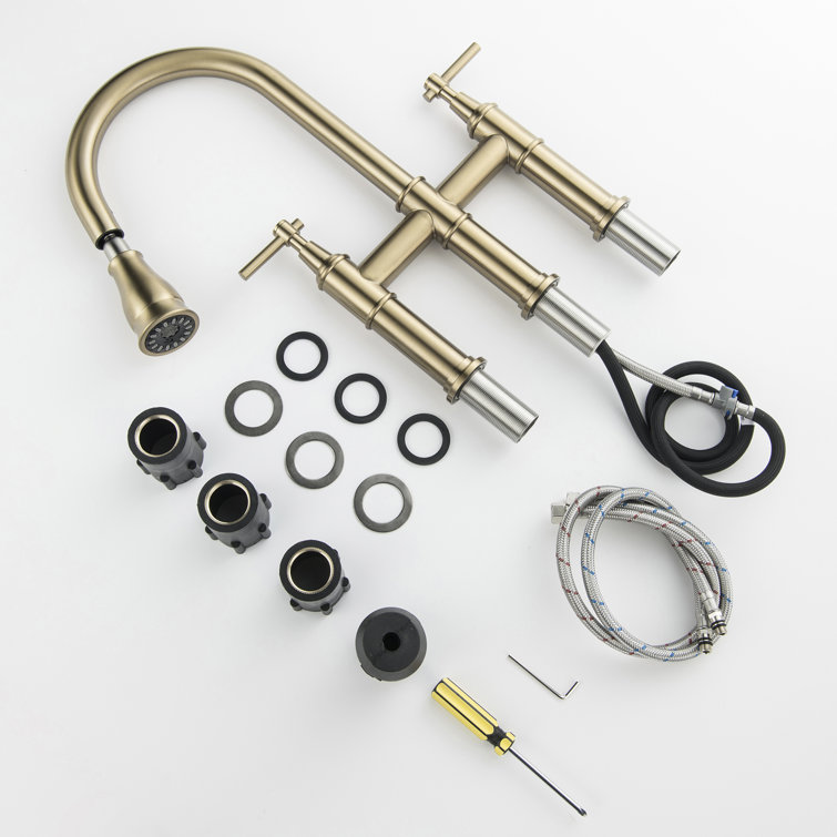 Brushed Gold Deck-Mounted Bridge Kitchen Faucet with Pull-Down Sprayer