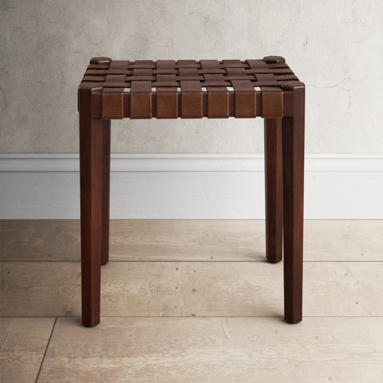 Ken Dark Brown Acacia Wood and Leather Accent Stool