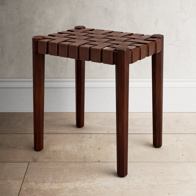 Ken Dark Brown Acacia Wood and Leather Accent Stool