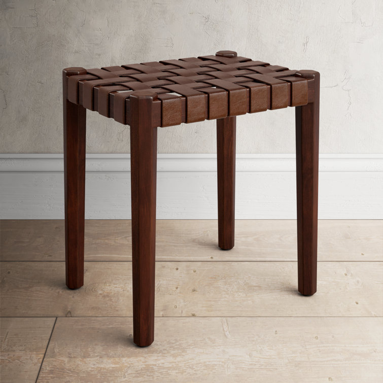 Ken Dark Brown Acacia Wood and Leather Accent Stool