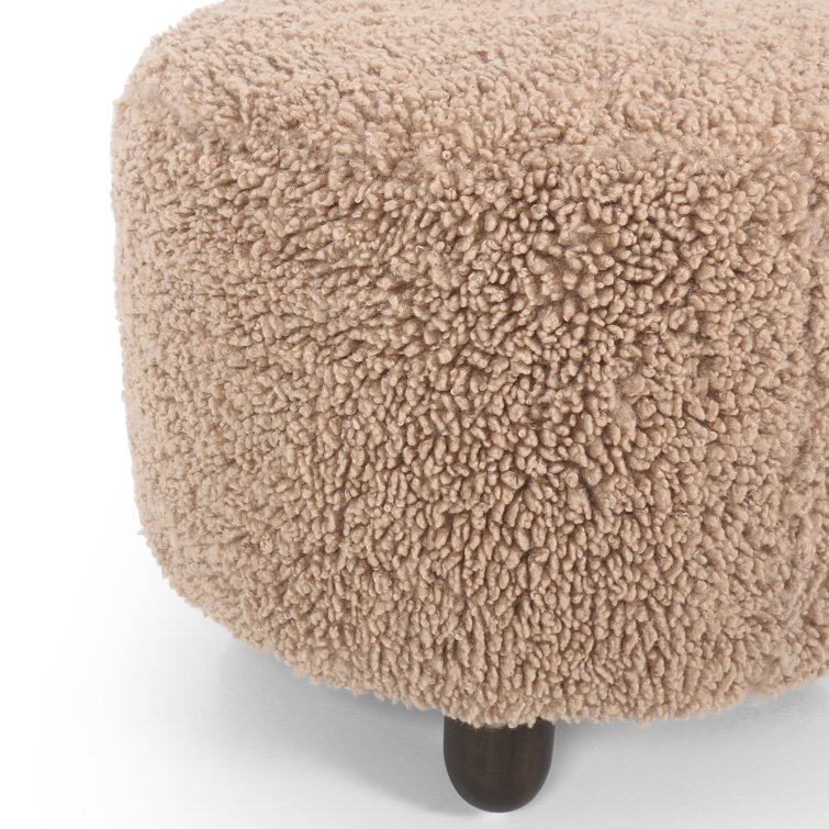 Round Toast Faux Shearling Ottoman with Burnt Birch Legs