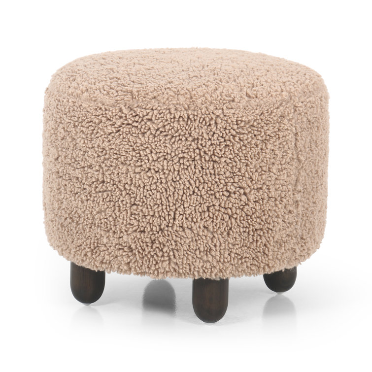 Round Toast Faux Shearling Ottoman with Burnt Birch Legs
