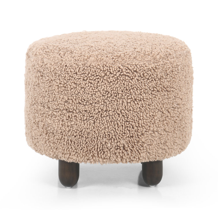 Round Toast Faux Shearling Ottoman with Burnt Birch Legs