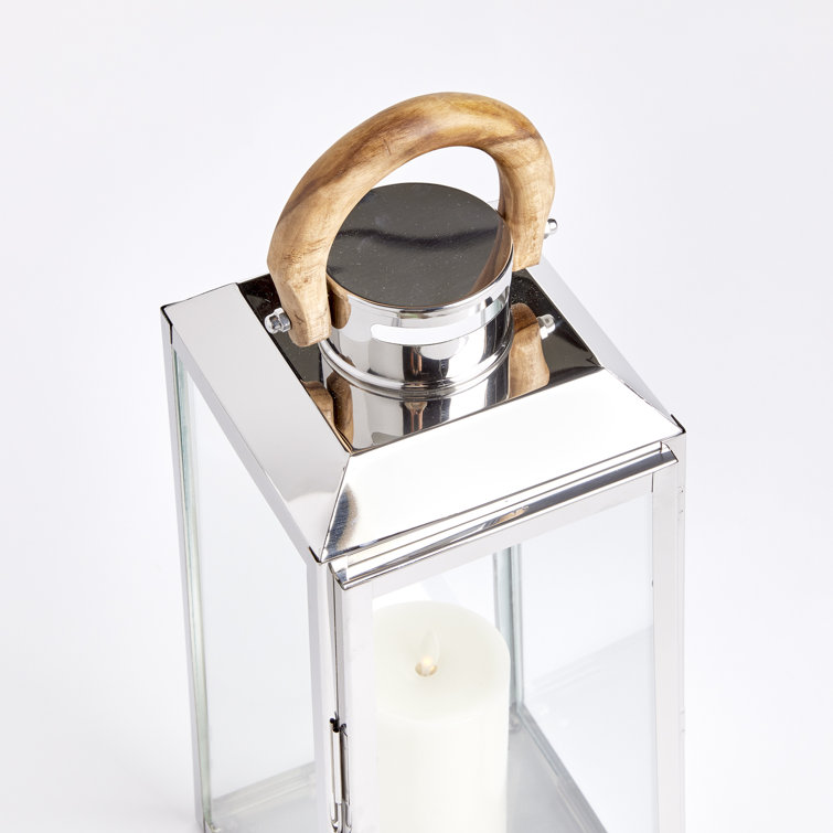 Chrome and Teak Outdoor Hanging Candle Lantern