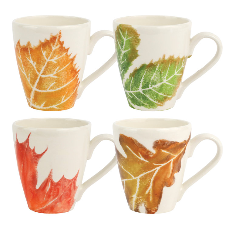 Hand Painted Ceramic Fall Leaves Mug Set, 14oz, White