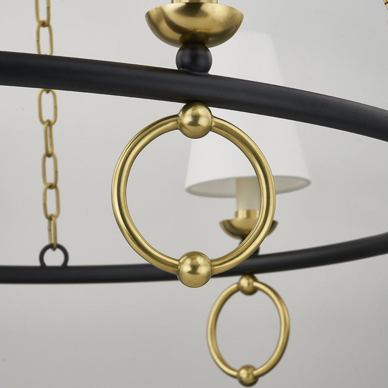 Haverford Aged Brass and Black 6-Light Chandelier with White Linen Shades