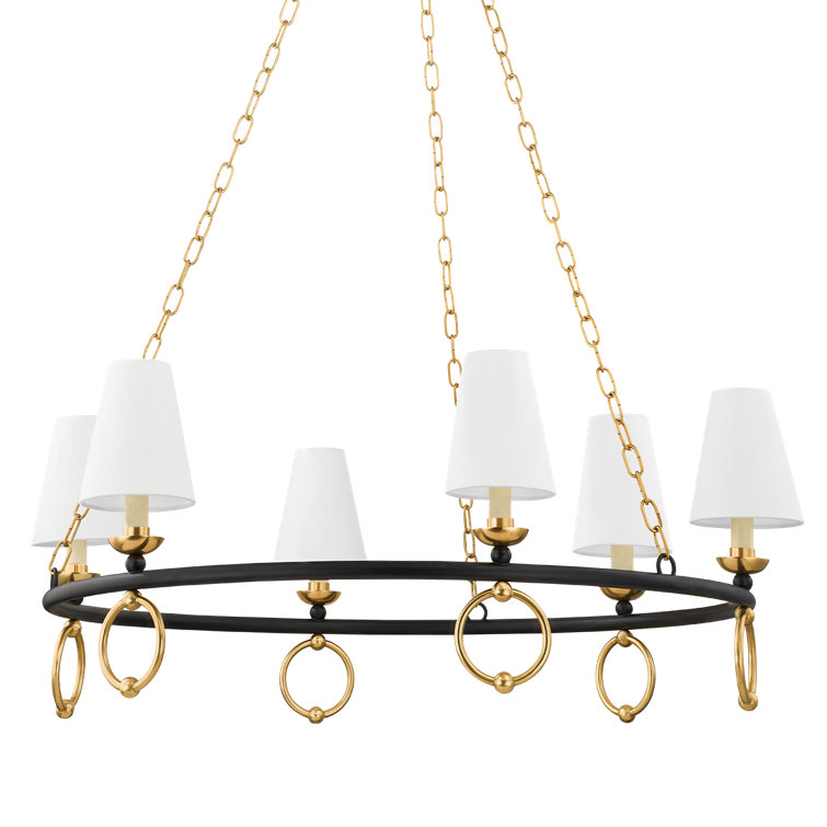 Haverford Aged Brass and Black 6-Light Chandelier with White Linen Shades