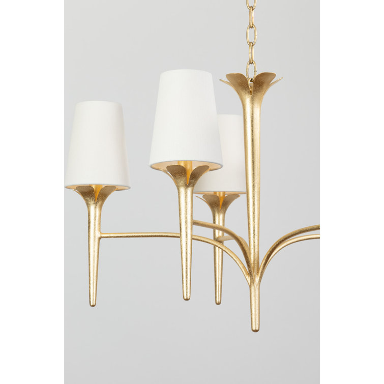 Emily Gold Leaf 5-Light Chandelier with White Linen Shades